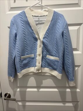 Tuckernuck Light Blue and Cream Cable-Knit V-Neck Cardigan